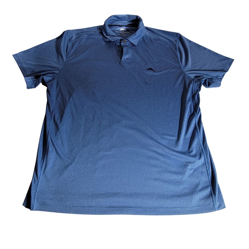 Tommy Bahama Mens Large Polo Shirt Heather Blue Recycled Polyester Marlin Logo